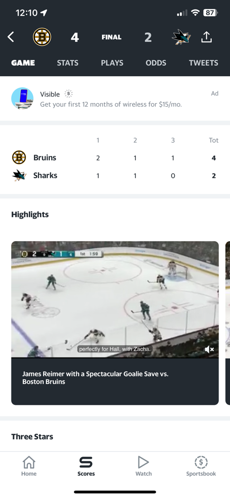 The Bruins continue their road success, by beating the Sharks.