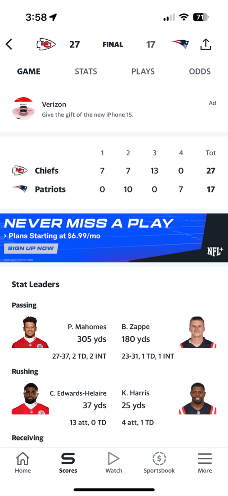 Shocker, the Pats lose to Chiefs in their week 15 matchup. The score was 27-17.