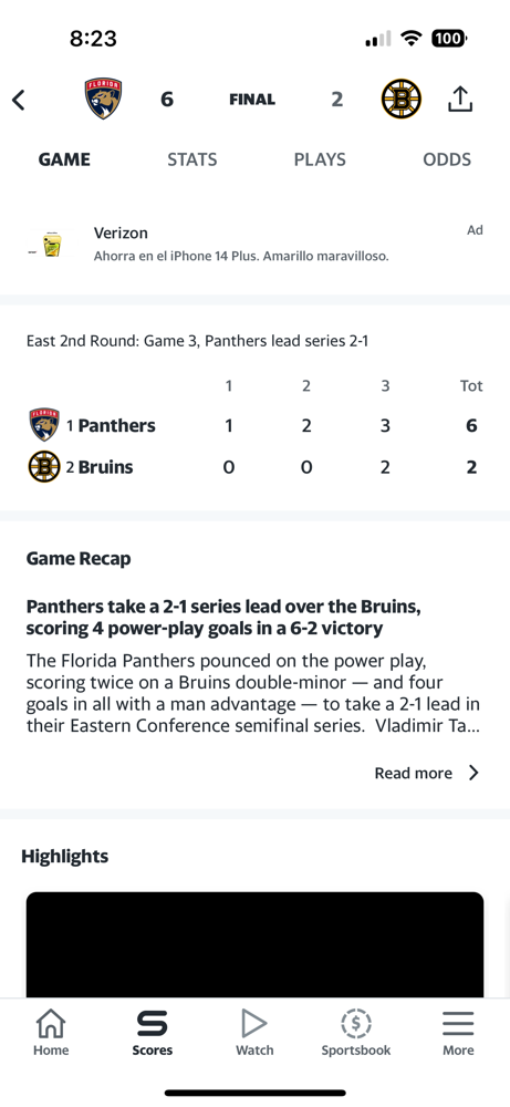 The Panthers attack the Bruins again in game 3 6-2.