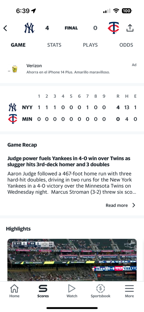 The Yankees dominate Twins in game 2 yesterday, 4-0!