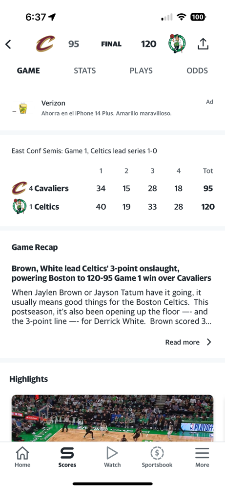 The Celtics stomp on the Cavaliers in game 1 of the semifinals, they won 120-95!