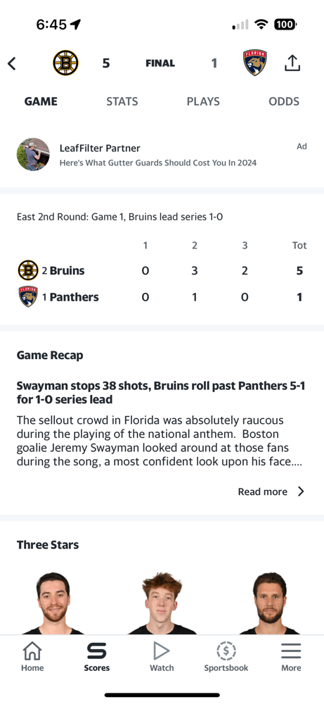 The Bruins pull off an upset in round 2, game 1 of the playoffs, they beat the Panthers 5-1!