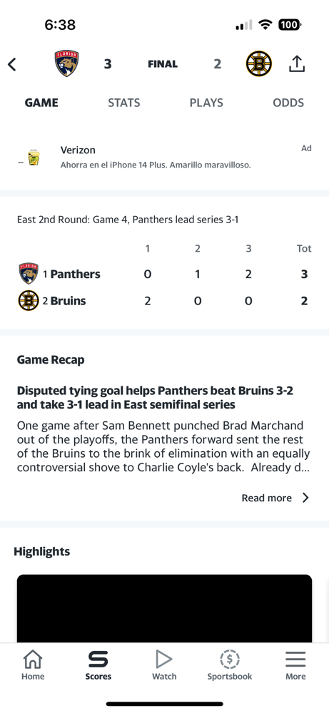 The Bruins battle the Panthers in game 4, but lose 3-2 and now are only one loss away from elimination.