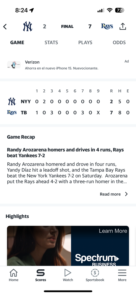 The Rays come roaring back at the Yankees in game 2 winning 7-2.