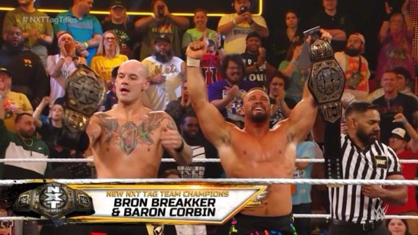 Baron Corbin and Bron Breaker (the Wolfdogs,) defeat the Family to capture the NXT Tag Team Titles.