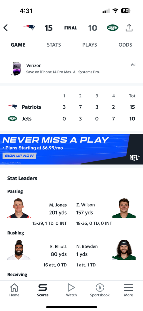 The Patriots beat the Jets in week 3, claiming their first win of the year. The score was 15-10! They did not make it Easy though.