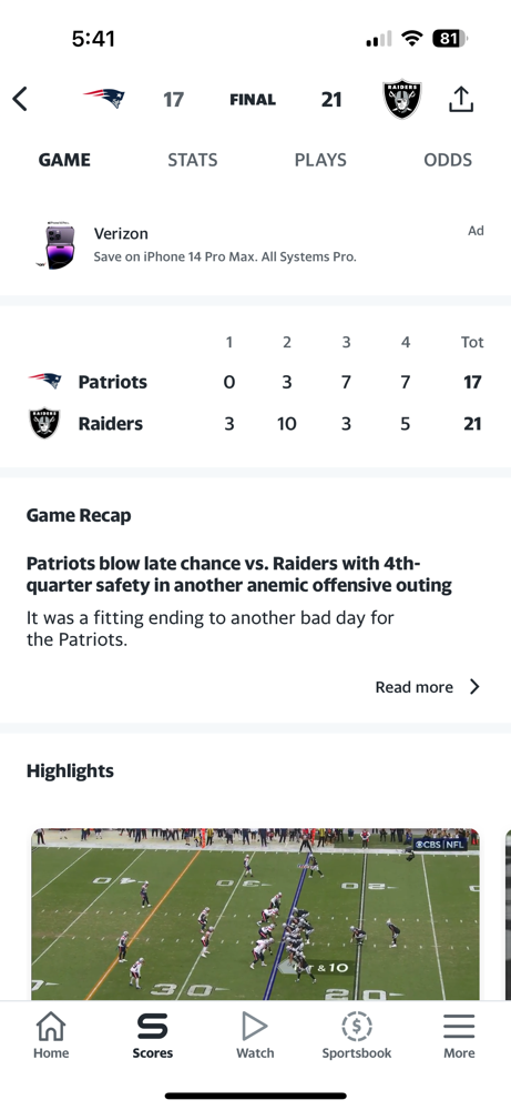 The Patriots dissapoint again, this time losing to Raiders in week 6, 21-17.