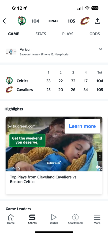 The Celtic’s winning streak comes to an hearbreaking end, as they lose a lead to the Cavaliers. The score was 105-104.