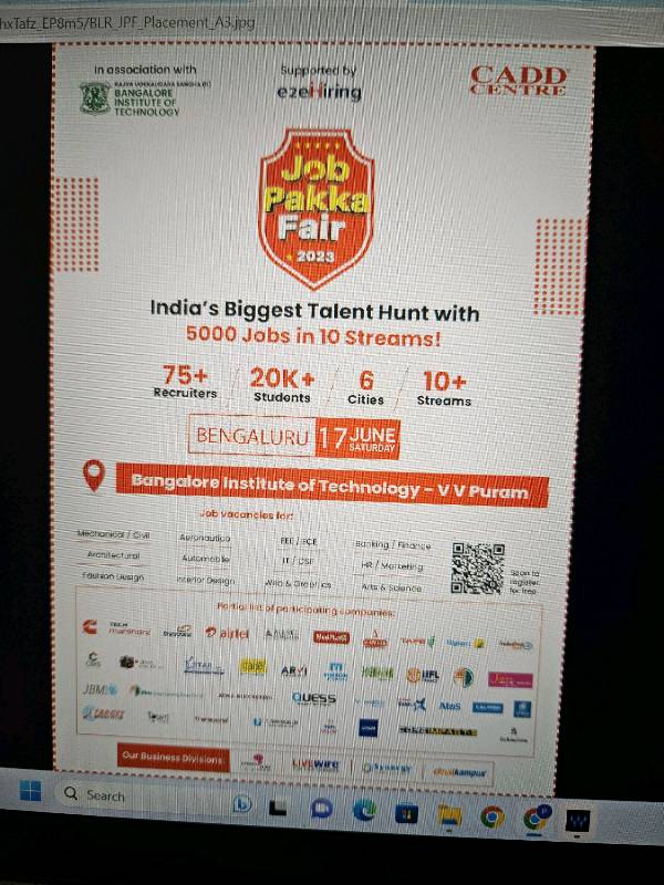 E2ehiring invites you to the JOB PAKKA FAIR on 17 June at Bangalore Institute of Technology Register now https://caddcentre.com/job-fair/?event=3&ad=1