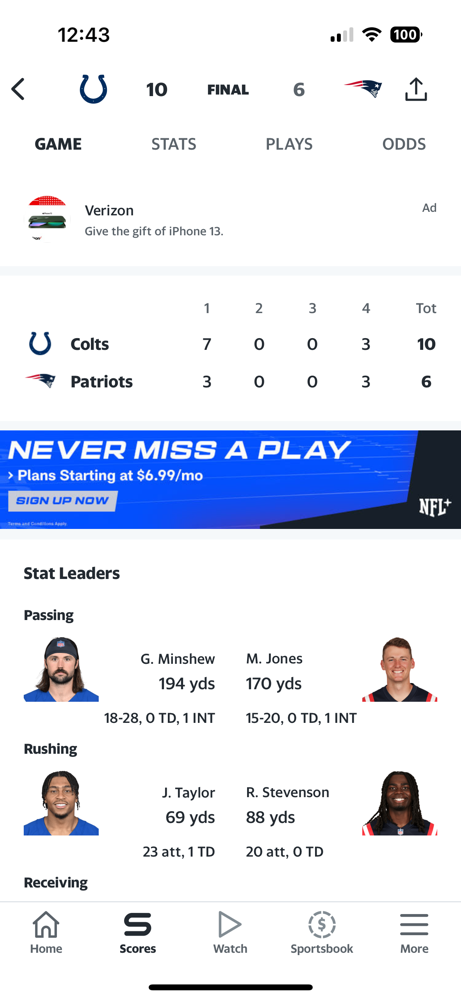 The Patriots blow another game, this time losing to Colts during week 10. The score was 10-6.