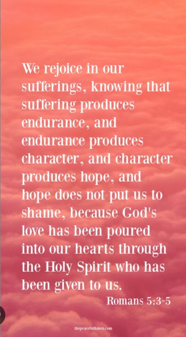 Romans 5:3-5 the things i go through are producing endurance and wnduramce is producing character and character is producing hope of salvation