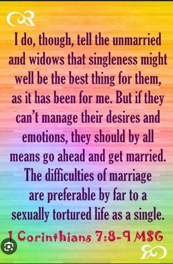 1 Corinthians 7:7-9 it’s better to marry than to burn!! We have to do and be better at explaining this!!!