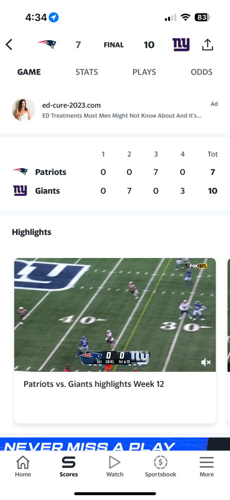 Bonus Swell-The Patriots shoot themselves in the foot against the Giants in week 12. They lost 10-7.