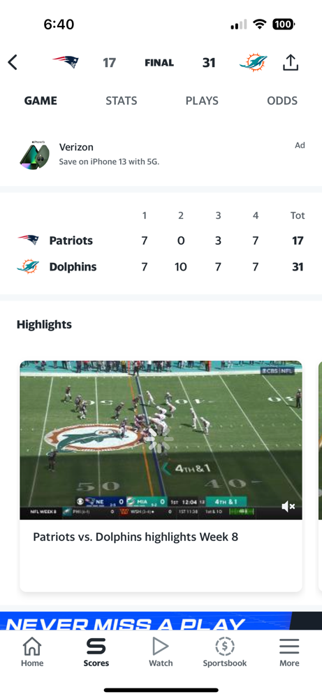 The Patriot Dynasty continues to crumble, as they lose their week 8 matchup to the Dolphins. The final score was 31-17.