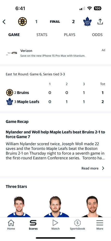 The Leafs mangage to stick around, beating the Bruins in game 6 of the playoffs, 2-1.