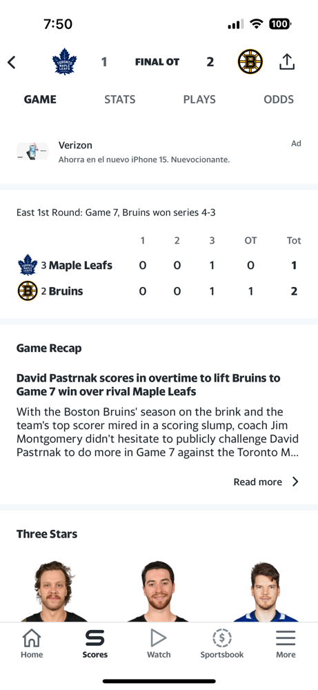 The Bruins barely survive, beating/eliminating Leafs 2-1 in OT!