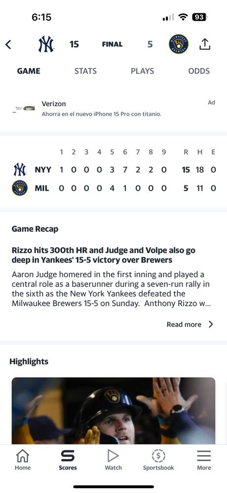 The Yankees once again embarrass the Brewers. They take game 3 15-5!