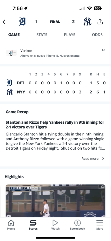The Yankees narrowly defeat Tigers in game 1, 2-1!