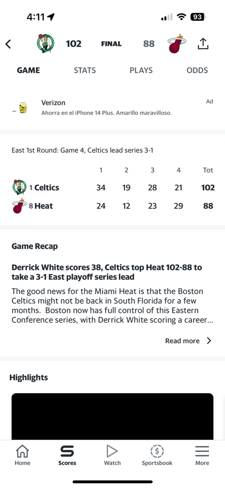 The Celtics look poised to finish off the Heat as they win game 4 of the playoffs, 102-88!
