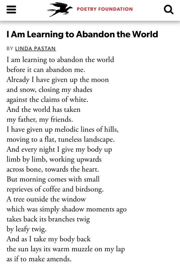 #PoemOfTheDay | I Am Learning to Abandon the World by Linda Pastan