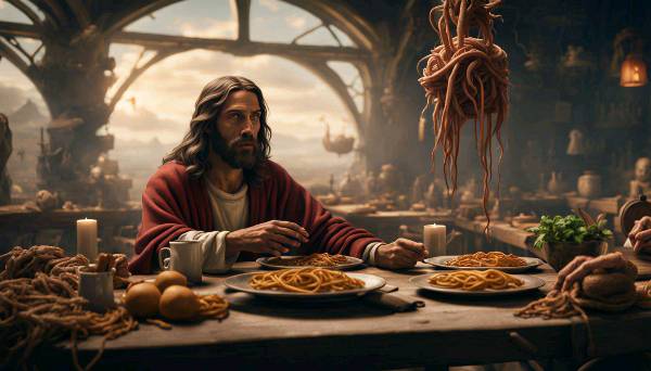The lost parable of Jesus eating pasta at a little divey Italian joint by the sea of Galilee and confronting my god, fsm.