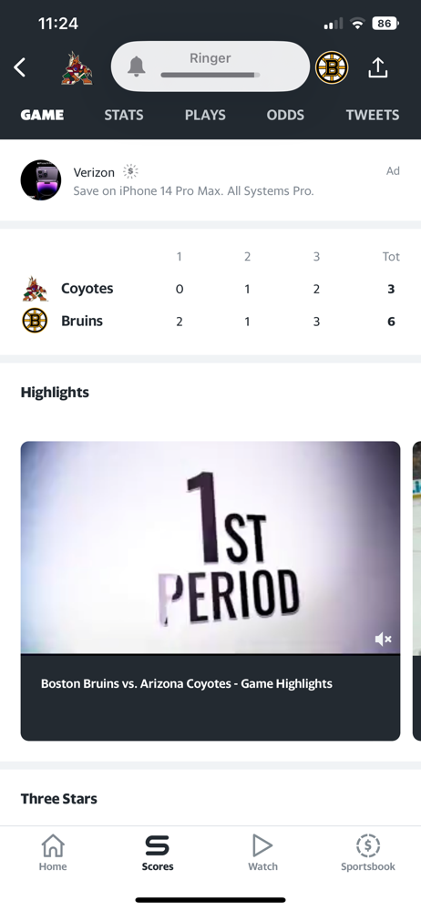 Bruins have their way with Coyotes winning 6-3!