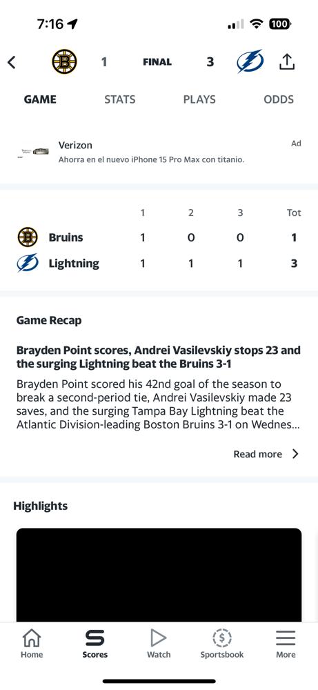 The Bruins get outplayed by the Lightning, losing 3-1.