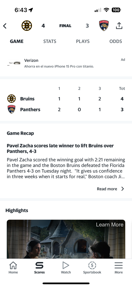 The Bruins go to war with the Panthers and win, 4-3!