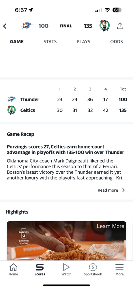 The Celtics get a big win against the Thunder, winning 135-100!