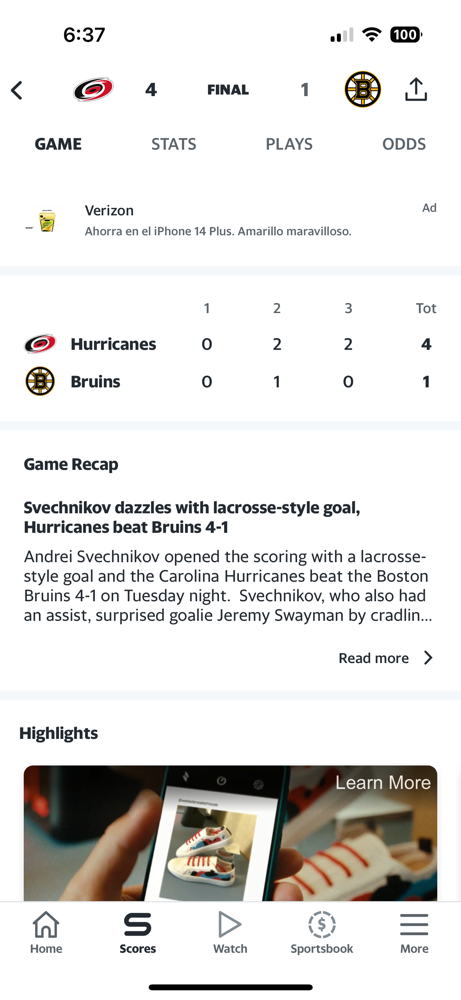 The Hurricanes control Bruins enroute to a 4-1 victory.