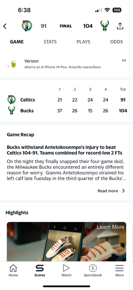 The Celtics collide with Bucks, but fail to get the job done. They lose 104-91.