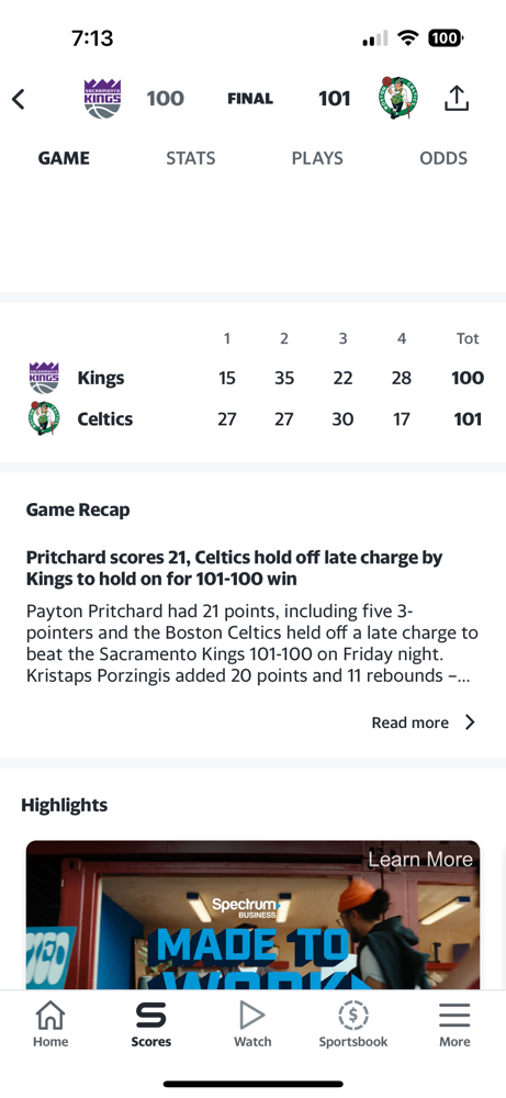 The Celtics fight hard, and come away with a narrow victory against the Kings, 101-100!