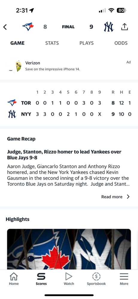 The Yankees get into a tight high offensive battle with the Blue Jays in game 2, they win, 9-8!