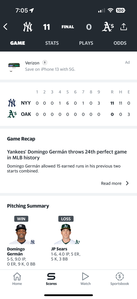 Domingo German throws the 24th perfect game in MLB history, enroute to an 11-0 blowout victory for the Yankees in game 2!