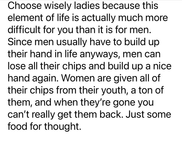 Are women given all of their chips at youth?