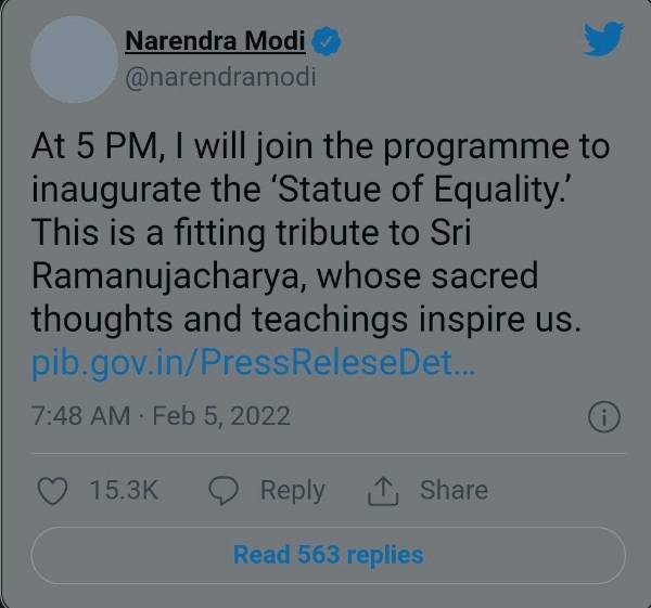 PM MODI TO INAUGURATE 'STATUE OF EQUALITY' IN HYDERABAD TODAY
