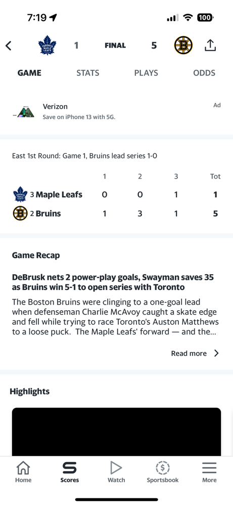 The Bruins have their way with the Maple Leafs in game 1 of the playoffs, winning 5-1!
