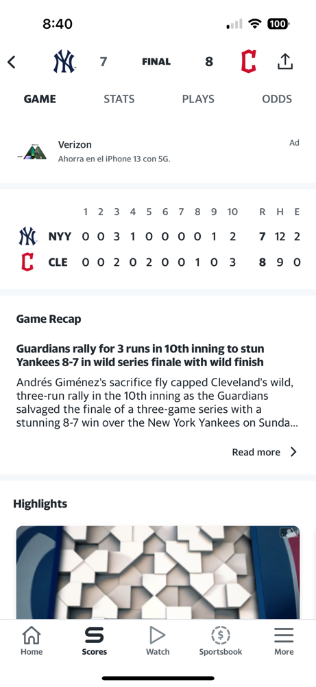 The Yankees engage in a competative battle with the Guardians, but Unfortunately can’t get the job done. 8-7 in extras.