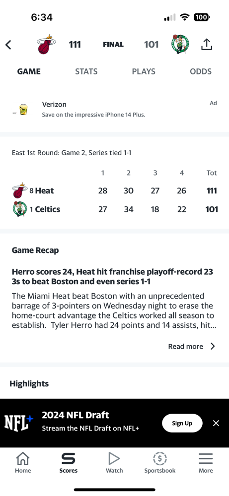 The Celtics get outplayed in game 2 of the playoffs by the Heat. The score was 111-101.