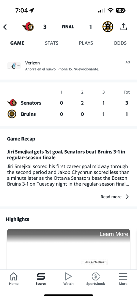 The Bruins end the regular season with a loss, losing to Senators 3-1.