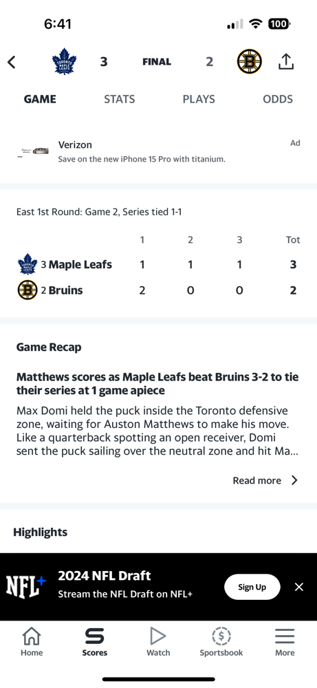 The Bruins fall apart in game 2 of the playoffs, which allowed the Mapple Leafs to secure a 3-2 victory. The series is now tied 1 game a piece.
