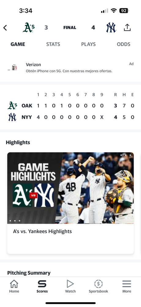 The Yankees redeem themselves in game 2 with the A’s. They beat them 4-3!