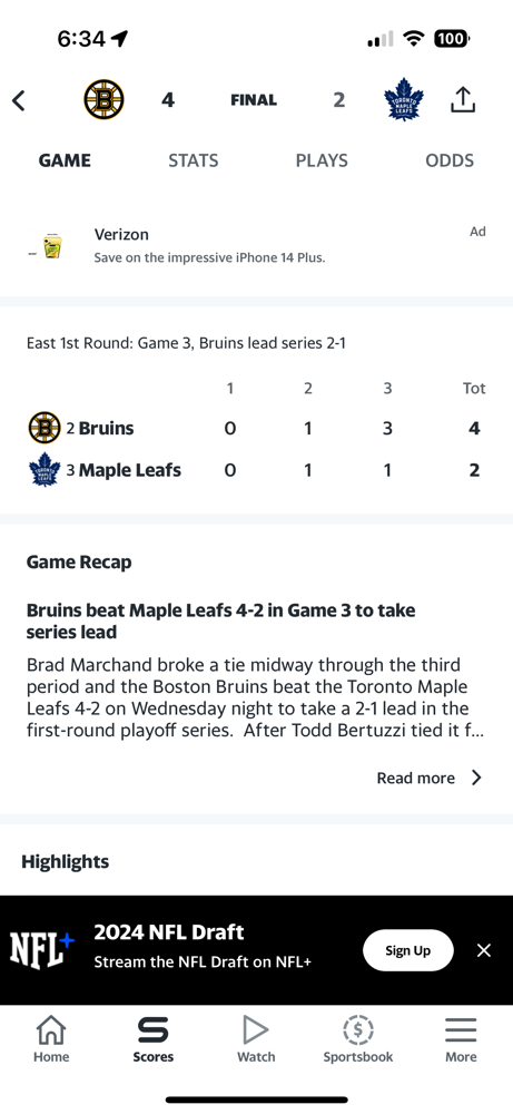 The Bruins get the better of the Maple Leafs in game 3 of the playoffs. The score was 4-2!