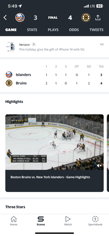 The Bruins battle the Islanders beating them 4-3.