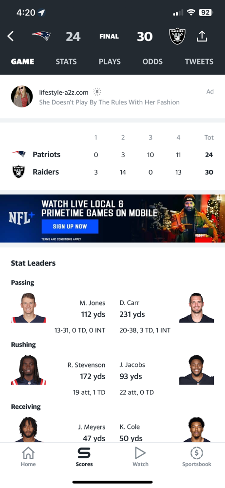 The Patriots embarrassingly lose to the Raiders, 30-24 after some Patriot stupidity.