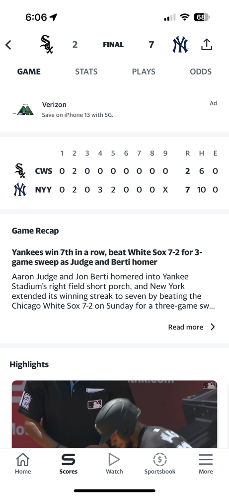The Yankees complete the sweep of the White Socks winning game 3, 7-2!