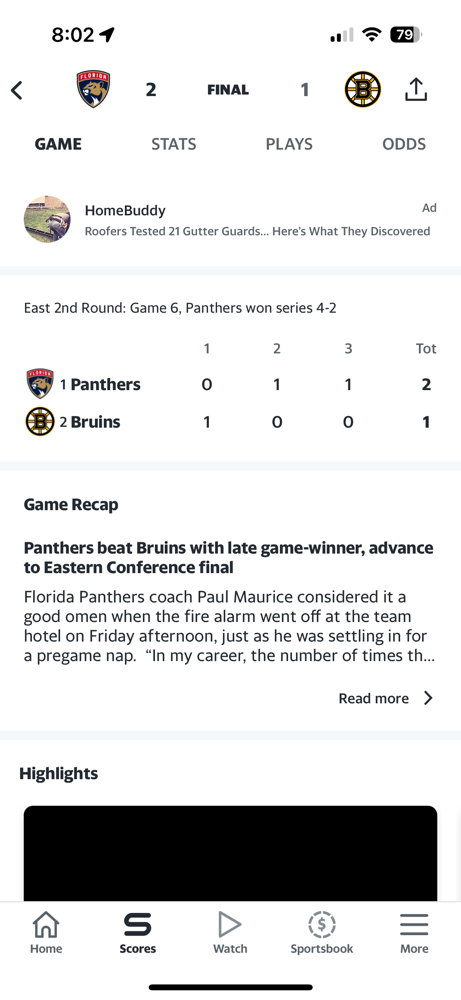 The Panthers beat out Bruins in game 6, 2-1. For the second straight year, the Panthers eliminate Bruins.